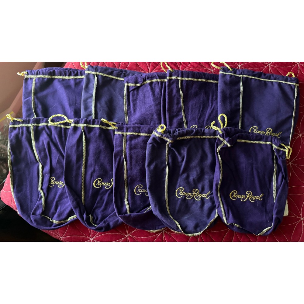 Lot of 10 Crown Royal Purple Drawstring Bags Gold Embroidery 9 Inch Pouches